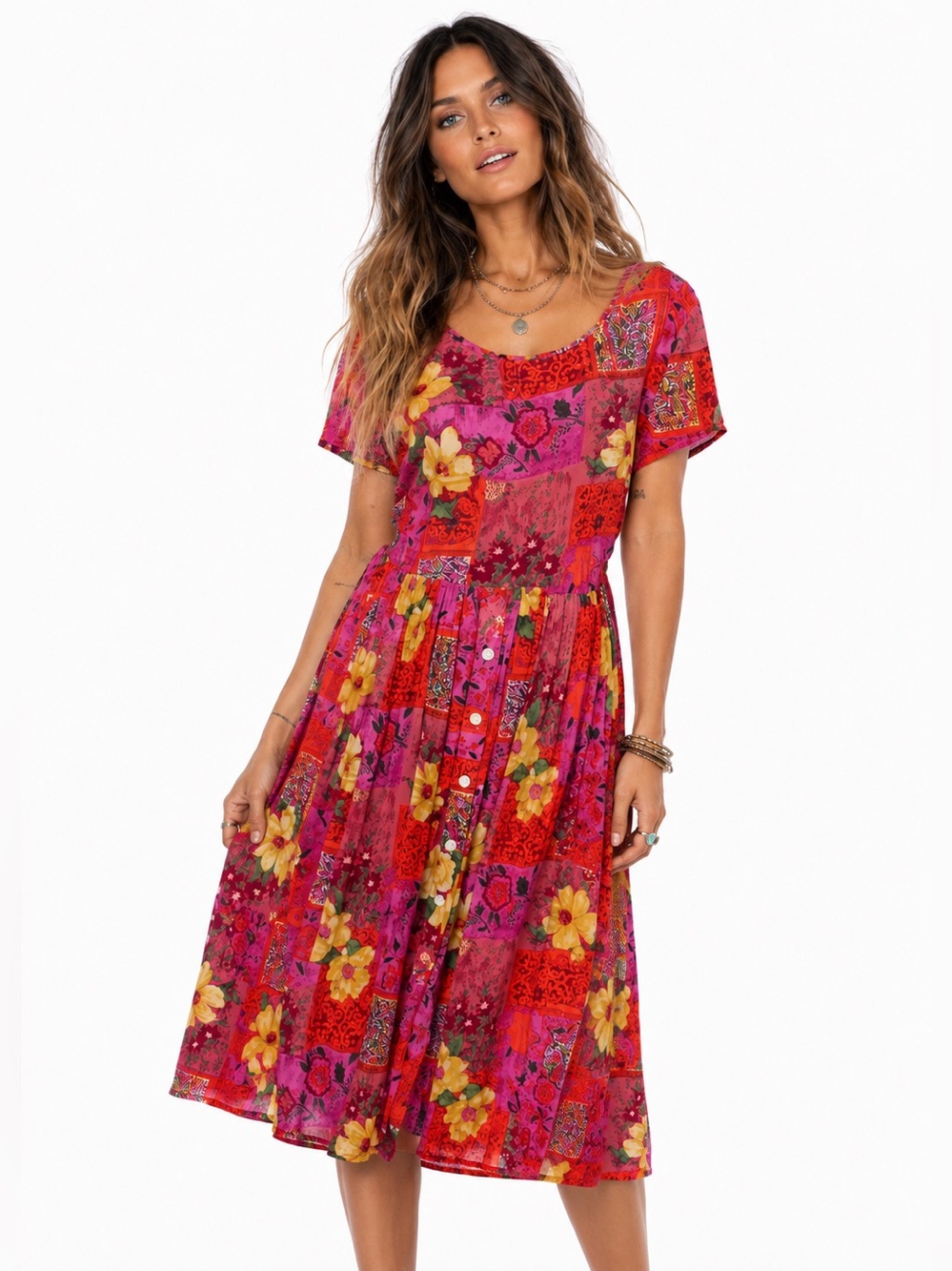 BILA Boho Patchwork Floral Midi Dress Pink Red Rayon Size Small